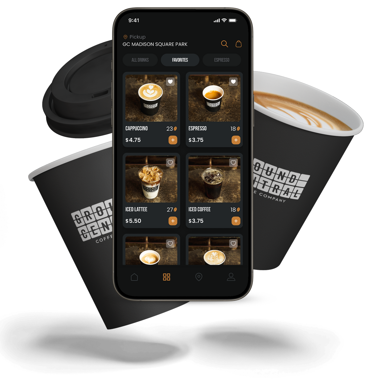 The GC App on a phone between two Ground Central coffee cups