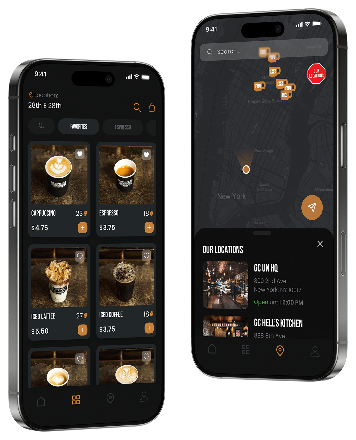 GC App menu and store map screens