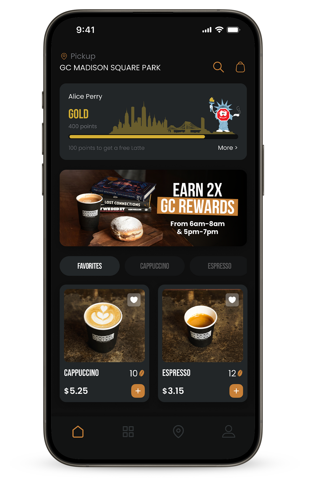GC App home screen showing GC Rewards status and a 2x points offer
