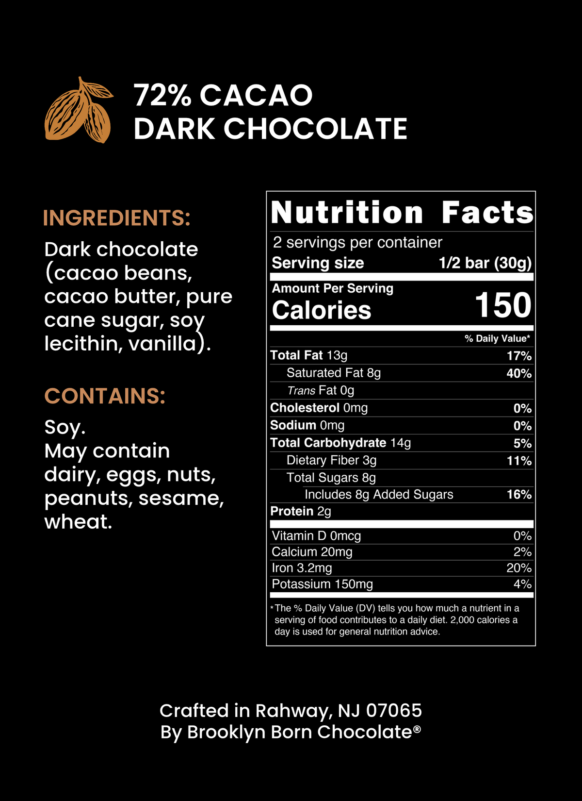 Dark Chocolate 72% cacao ingredients, allergens and Nutrition Facts label