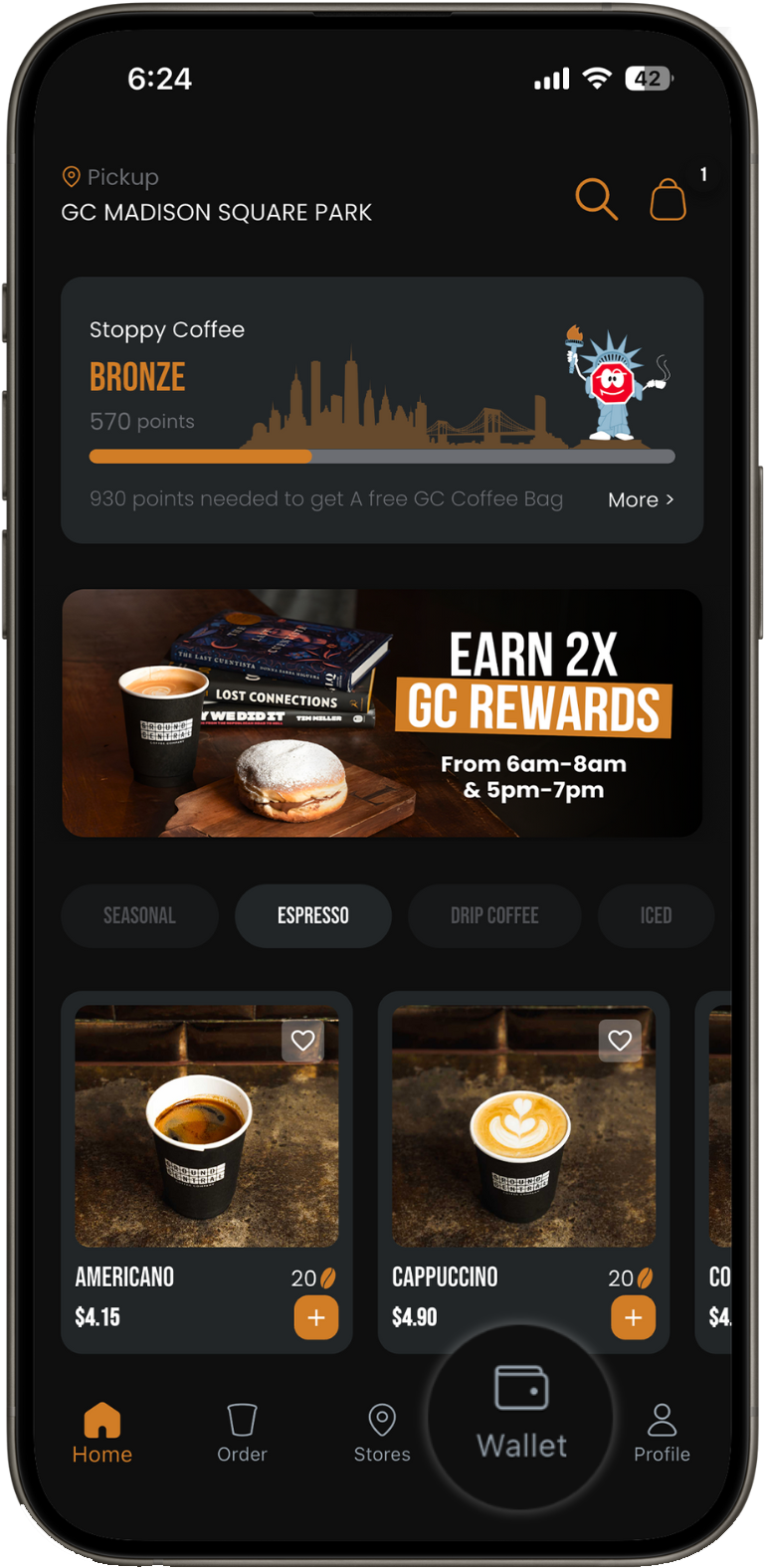 GC App home screen with the Wallet tab highlighted