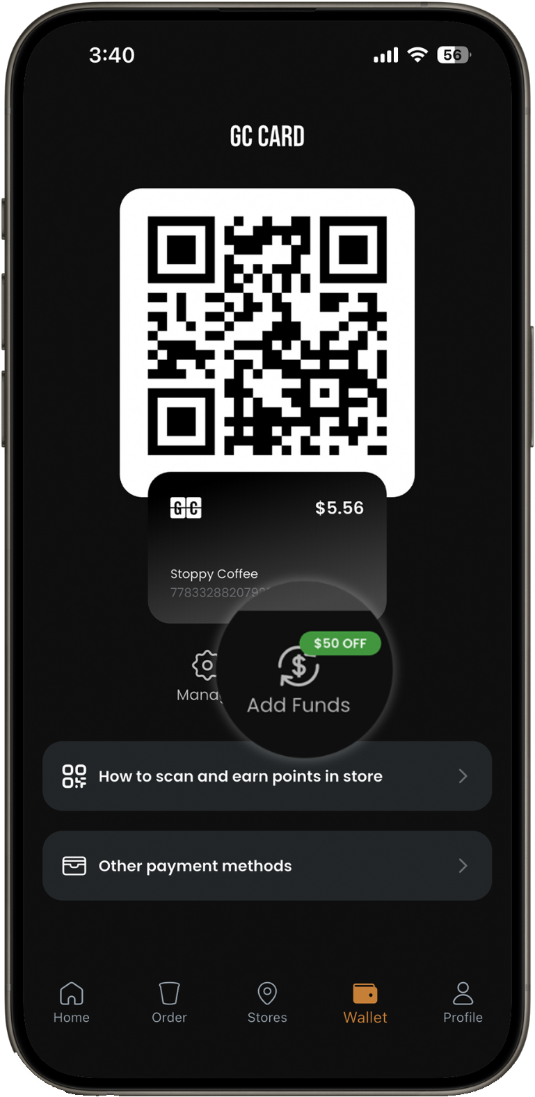 GC Card wallet page with the Add Funds button highlighted