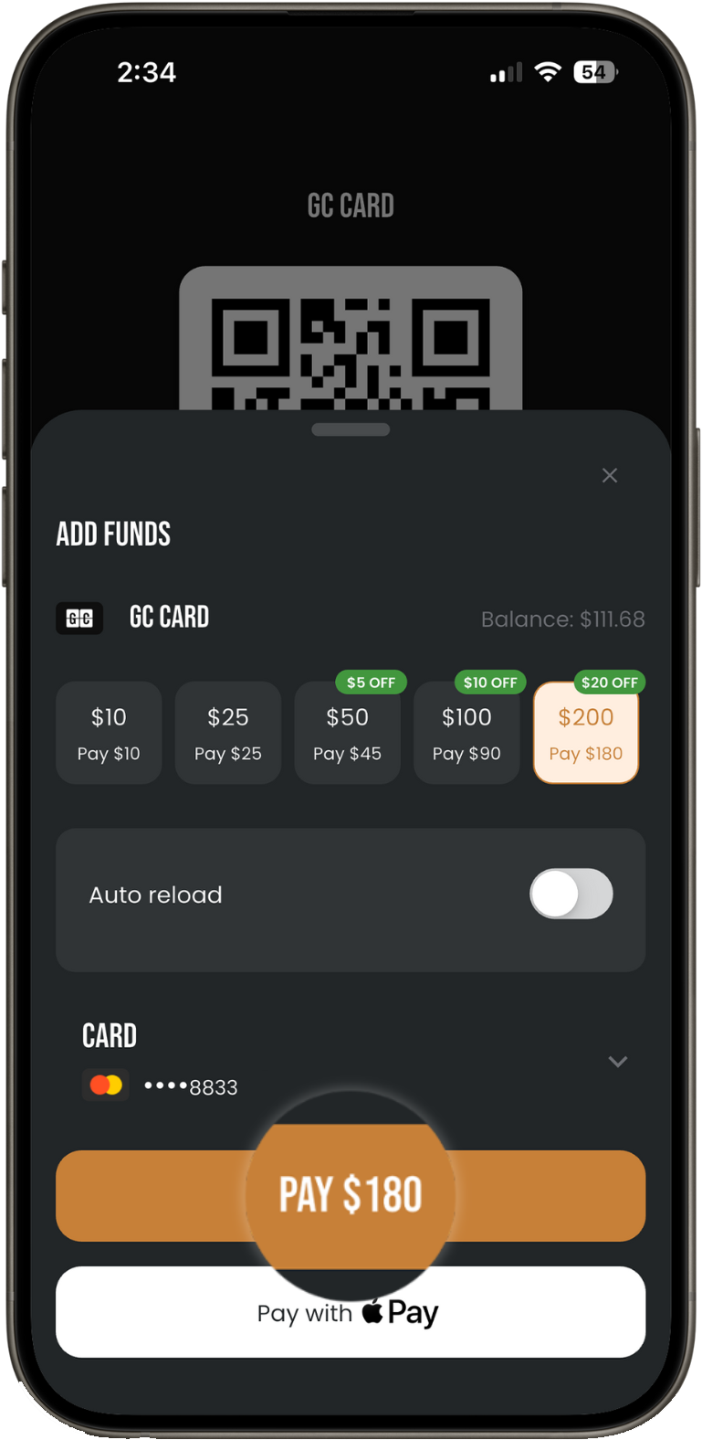Add Funds sheet with top-up amounts, the saved card and the Pay button highlighted