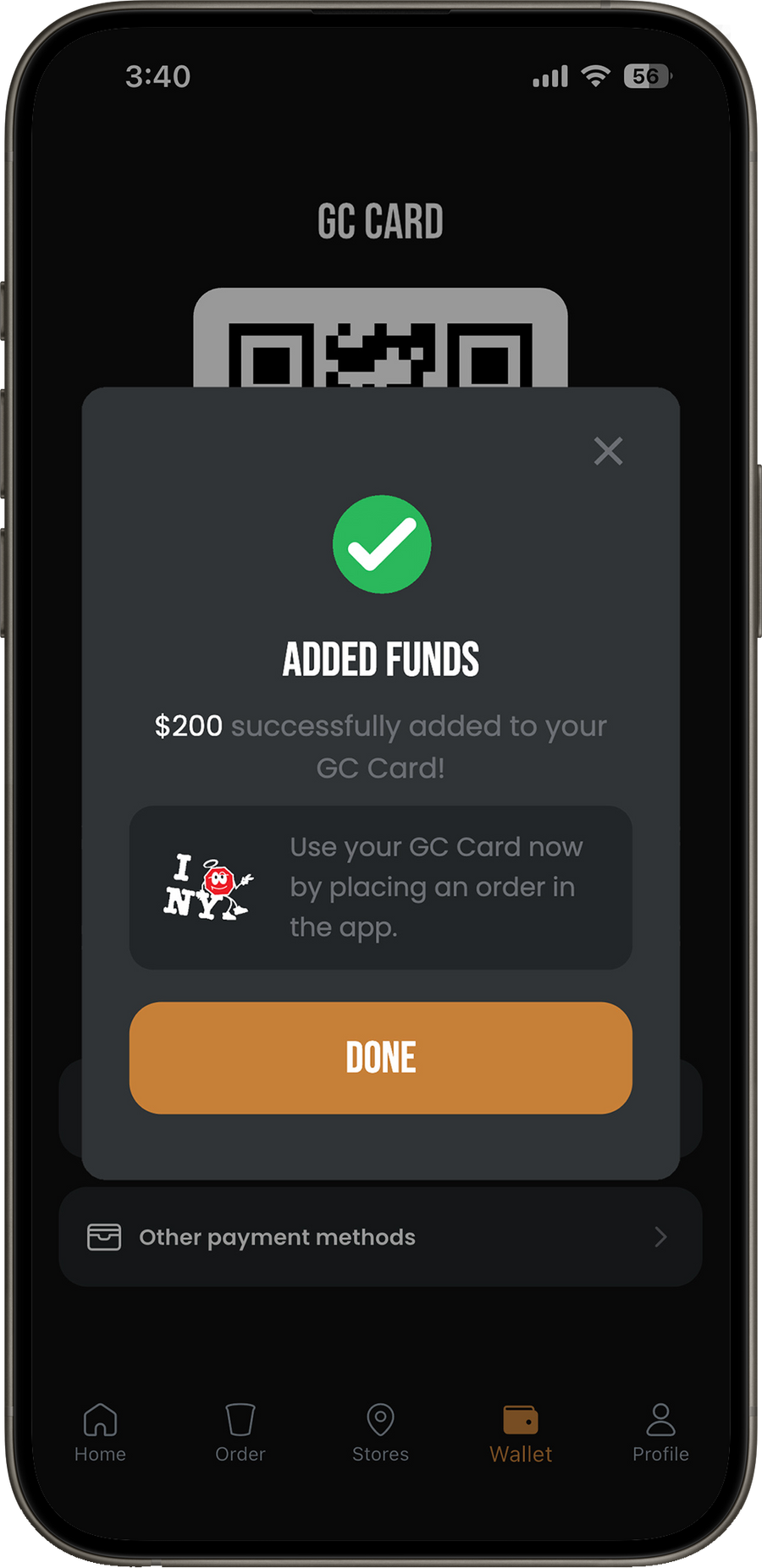 Confirmation that $200 was added to the GC Card