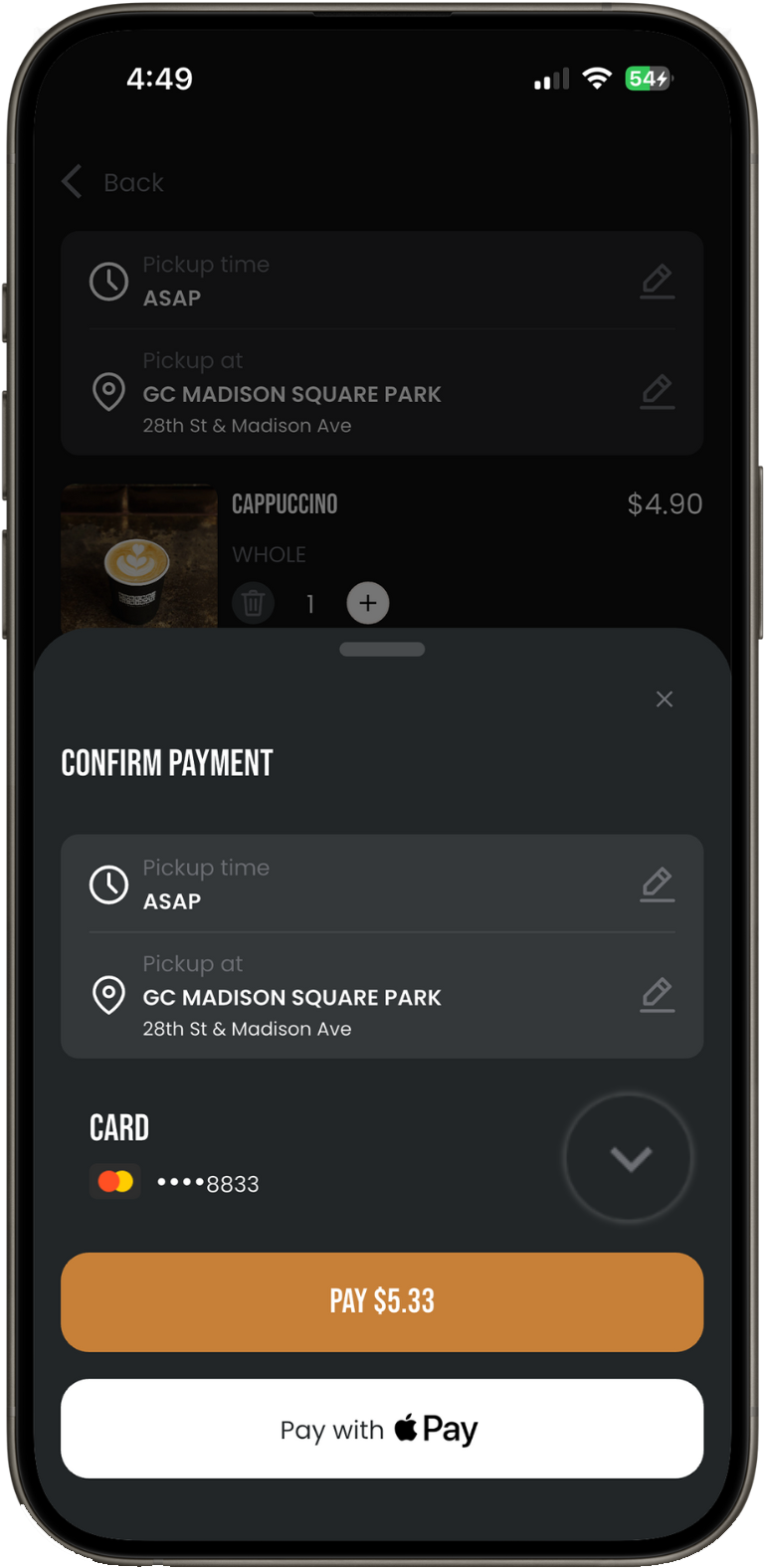 Confirm Payment screen with the payment method selector highlighted
