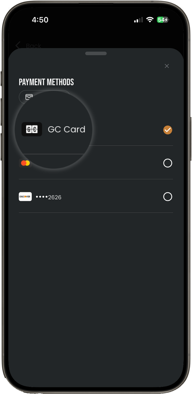 Payment methods list with GC Card highlighted