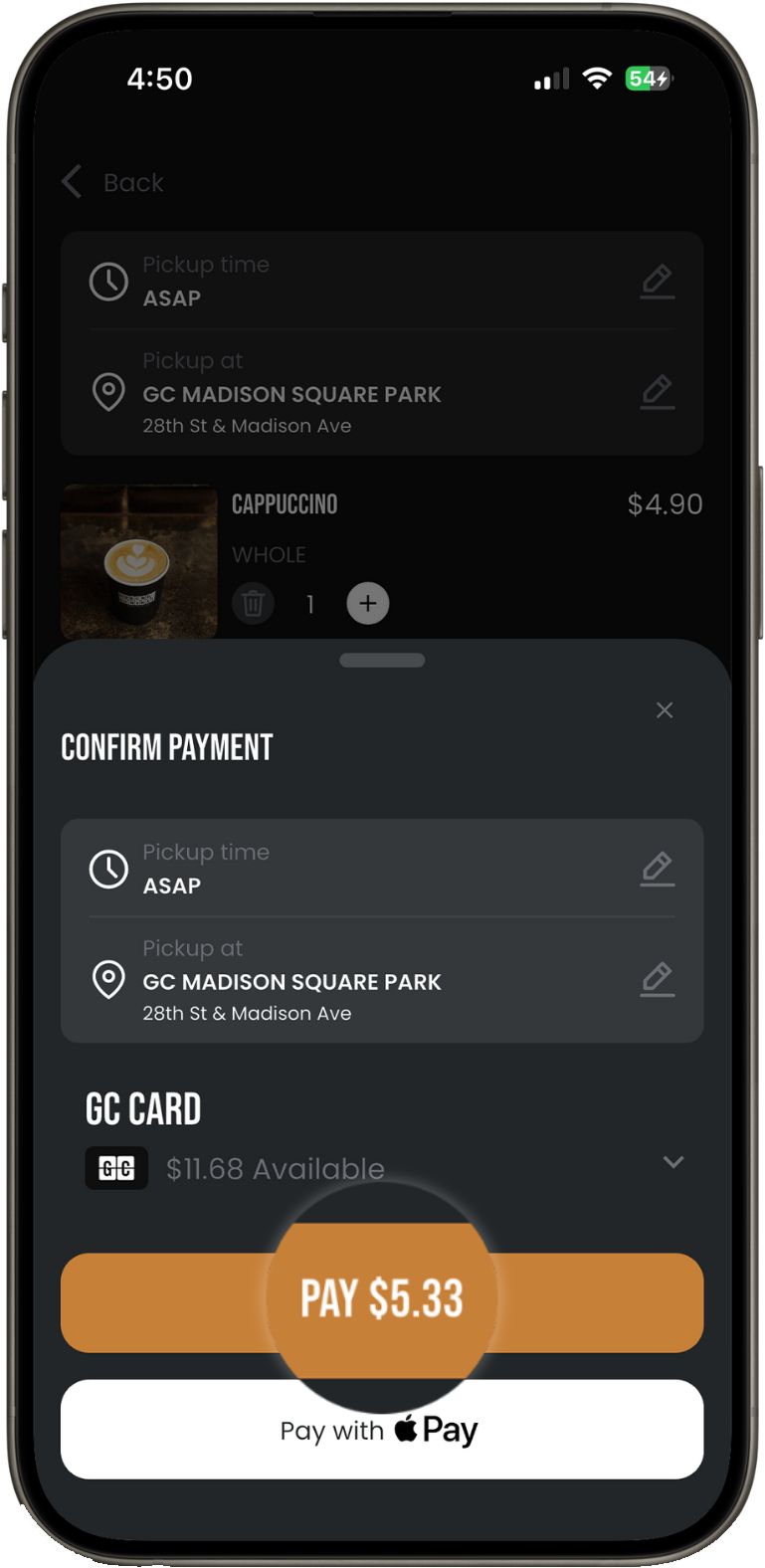 Confirm Payment screen with GC Card selected and the Pay button highlighted