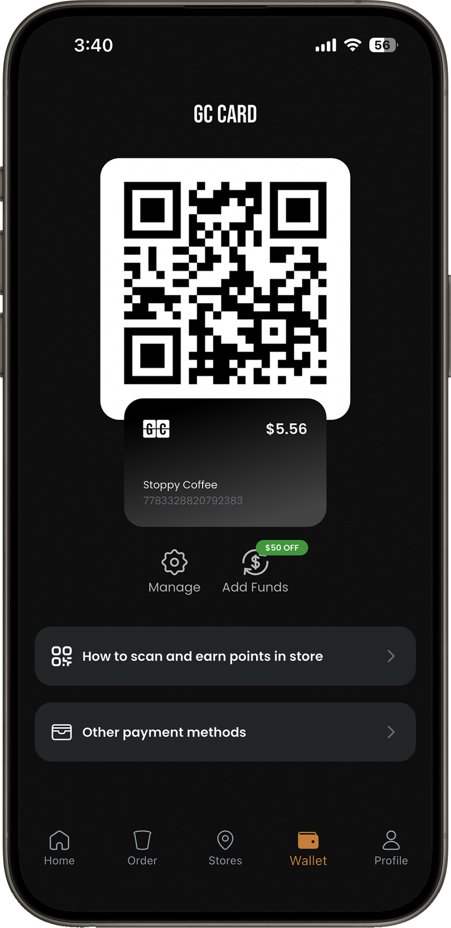 GC Card wallet page showing the QR code to scan at the register