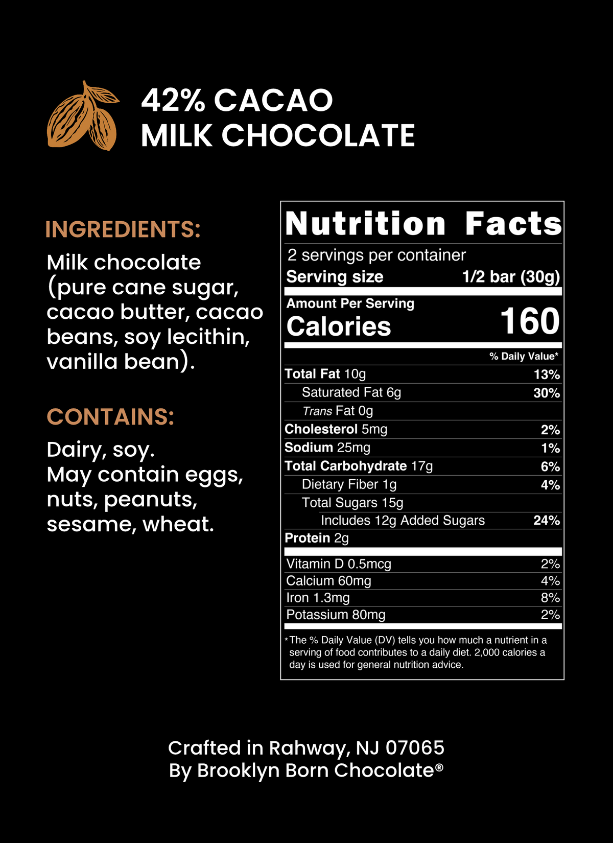 Milk Chocolate 42% cacao ingredients, allergens and Nutrition Facts label