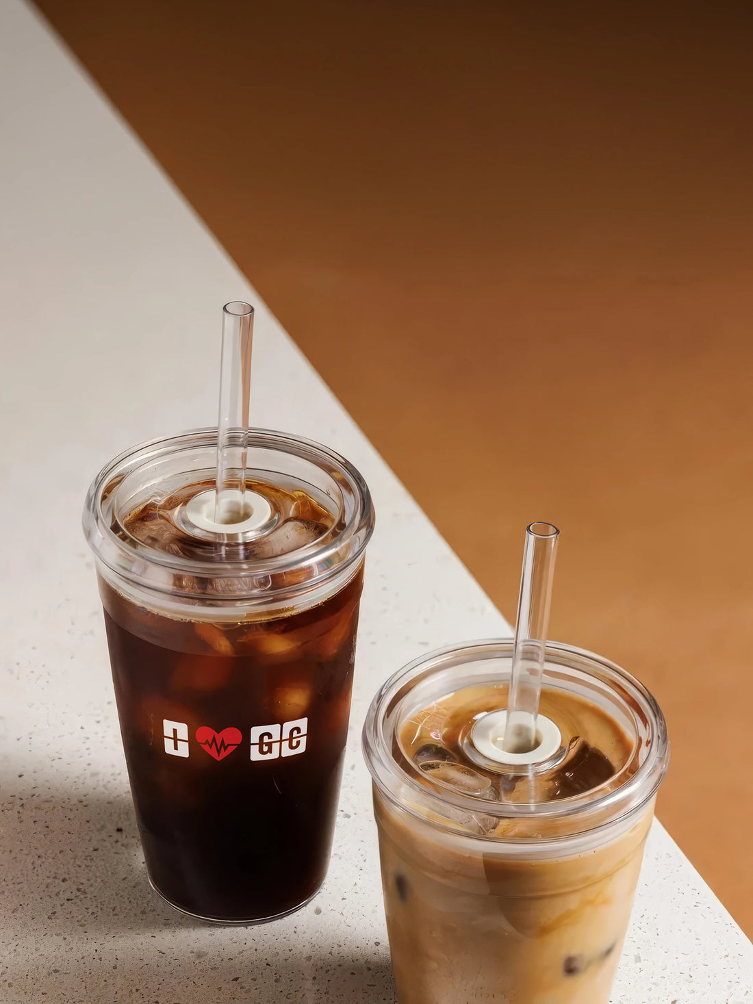 Iced coffee and iced latte in Ground Central tumblers